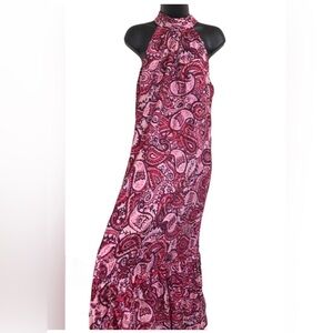 Cynthia Steffe fuchsia red pink combo tiered halter maxi‎ dress size Large new